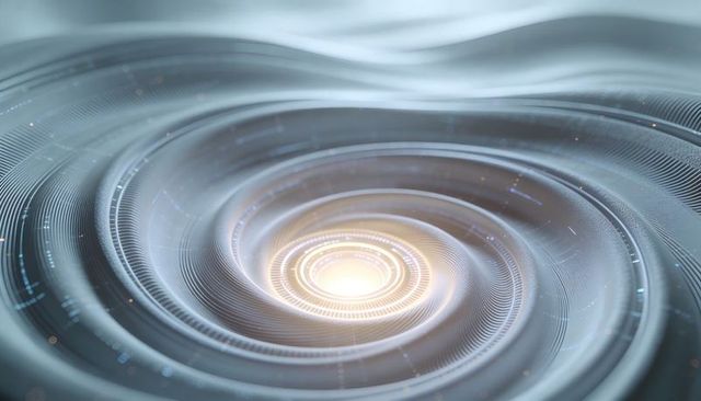 Luminous spiral vortex with glowing core and futuristic data rings, metallic glassy tunnel