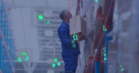 Warehouse worker using ar-assisted inventory picking on racking with pallet and boxes