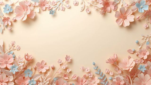 Pastel paper floral frame featuring peach and blue blossoms with center copy space