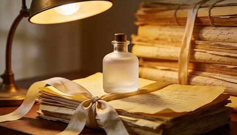 Frosted glass bottle resting on tied aged letters under warm brass lamp glow