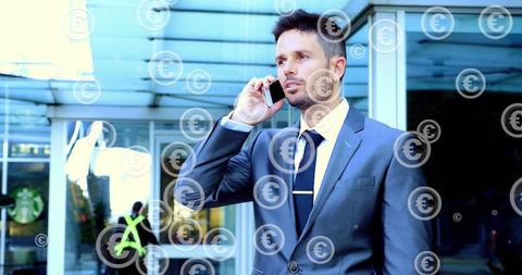 Professional businessman discussing finance on phone with euro symbols