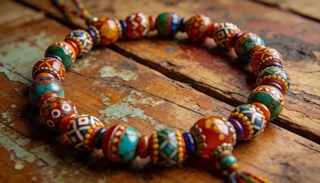 Vibrant artisan beads featuring tribal enamel patterns on distressed wood closeup