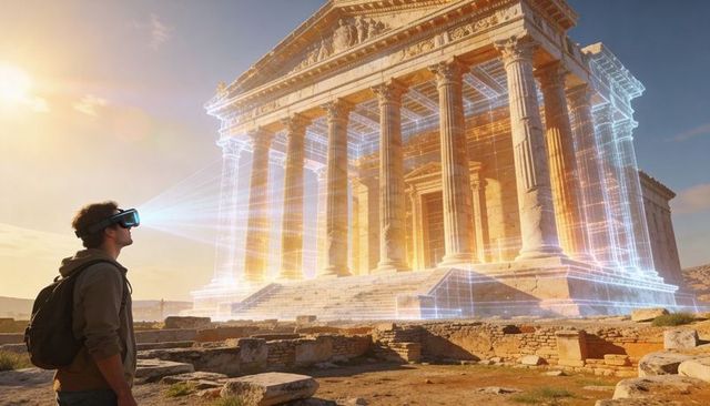 Explorer wearing vr headset reconstructing ancient temple hologram over ruins at sunset