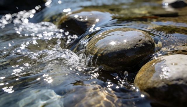 Sunlit Stream Flowing Over Smooth River Stones with Sparkling Ripples and Clear Water