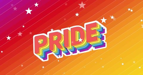 Vibrant Rainbow PRIDE Text with Stars on Colorful Background