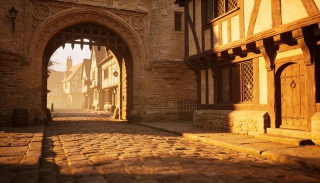 Golden hour medieval gate framing raised portcullis and cobblestone street