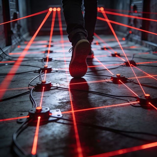 Stepping sneaker navigating red laser tripwire grid in moody industrial corridor