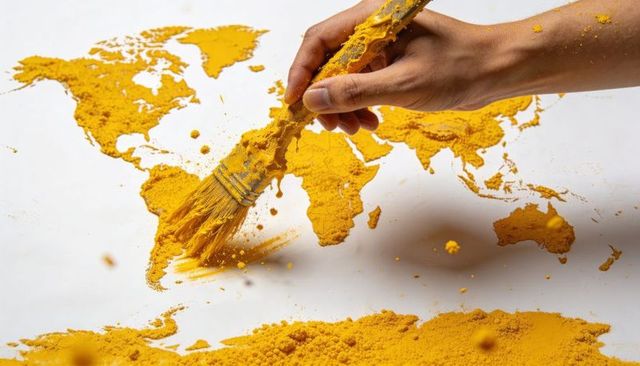Brushing turmeric world map, hand creating vibrant yellow continents with powder