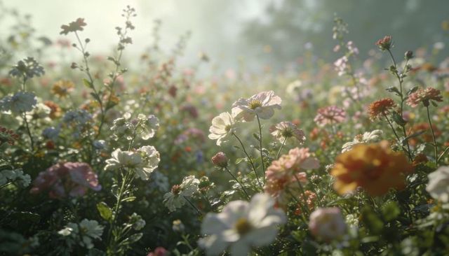 Sunlit pastel wildflower meadow with dew-kissed blossoms, backlit glow and soft bokeh