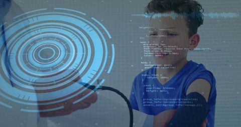Boy wearing blue T-shirt receiving blood pressure check with digital HUD and stethoscope