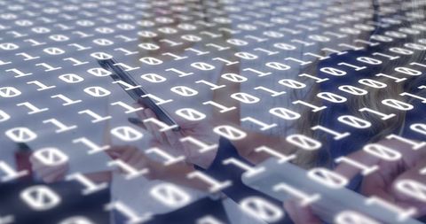 Woman Using Smartphone and Stylus with Binary Data Overlay for Cybersecurity and Analytics