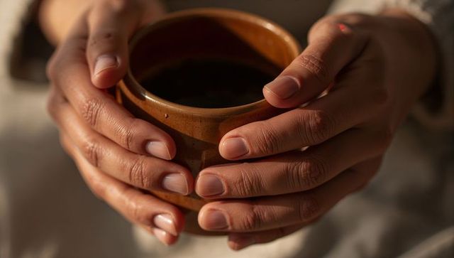Cradling warm brown ceramic mug with both hands embracing cozy morning beverage for relaxation