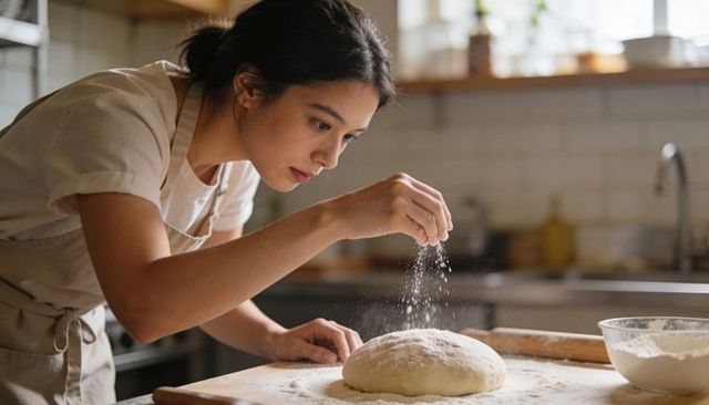 Asian woman sprinkling flour over bread dough in sunlit home kitchen, baking at countertop