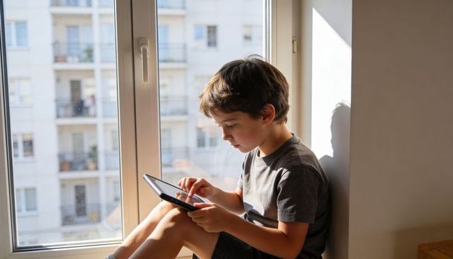 Young boy using tablet on sunny apartment windowsill for learning and play