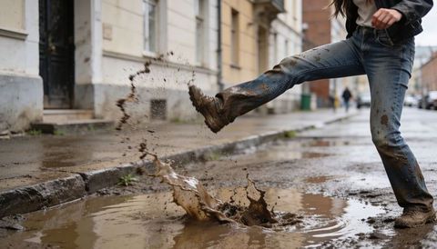 Woman kicking muddy puddle on wet city street splashing water and mud in motion