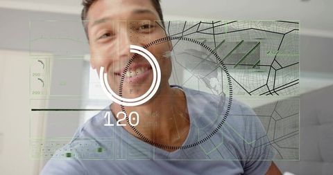 Smiling mid-adult man interacting with augmented reality hud overlay in modern bedroom