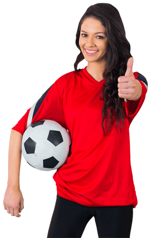 Enthusiastic Soccer Fan Giving Thumbs Up with Ball on Transparent Background