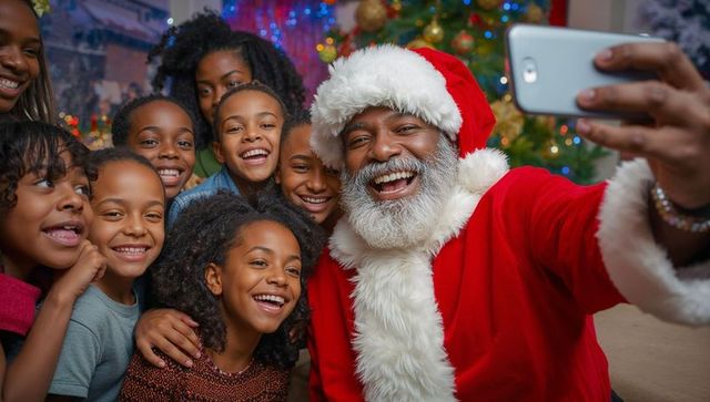Joyful Santa Taking Selfie with Children by Christmas Tree