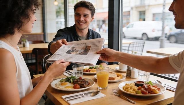 Friends sharing morning newspaper over brunch at urban cafe with breakfast and juice