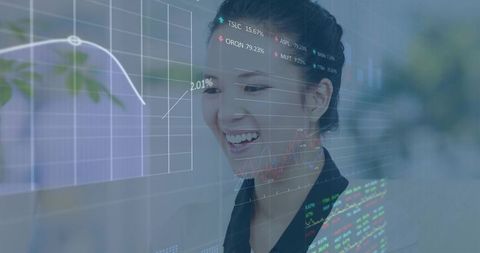 Businesswoman Analyzing Financial Charts on Digital Display in Office