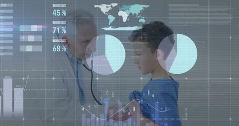 Pediatrician listening to boy with stethoscope as medical data visualization overlays