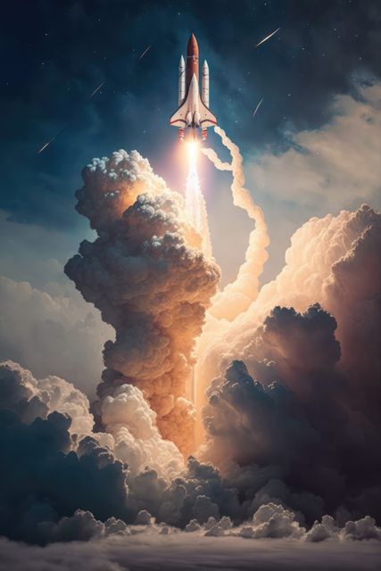 Spaceship taking off with clouds on blue background, created using generative ai technology. Space travel and outer space concept digitally generated image.