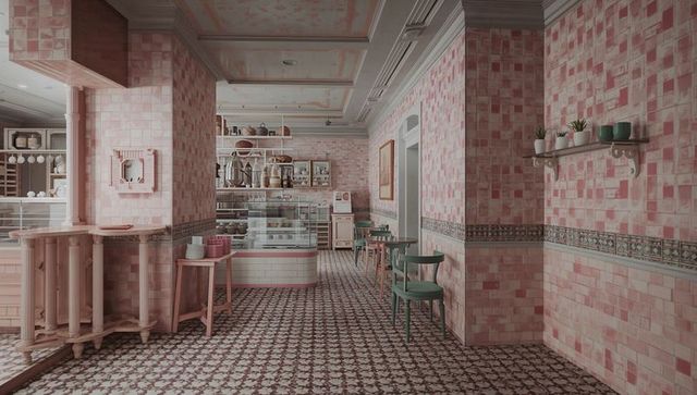 Pastel pink tiled cafe interior with glass pastry case and vintage ceramic accents
