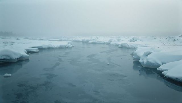 Tranquil frozen river and snow-covered landscape in winter