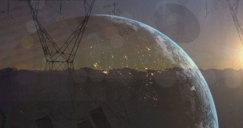 Earth rising with power towers and digital charts symbolizing technology