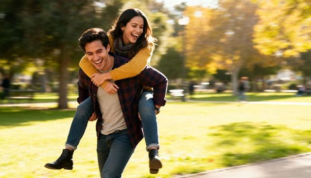 Young couple sharing piggyback ride in sunlit autumn park, laughing and running