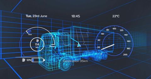 Glowing wireframe semi-truck navigating virtual hud tunnel showing battery range and speed