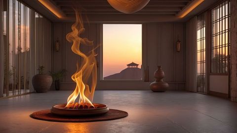 Tranquil temple interior with glowing sandalwood fire and lanterns at sunset