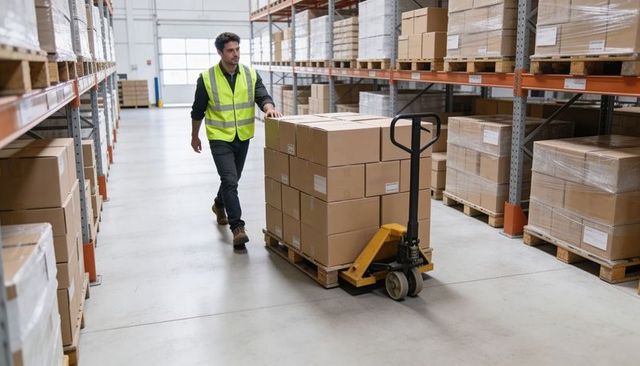 Warehouse worker walking pushing pallet jack loaded with boxes in bright logistics aisle