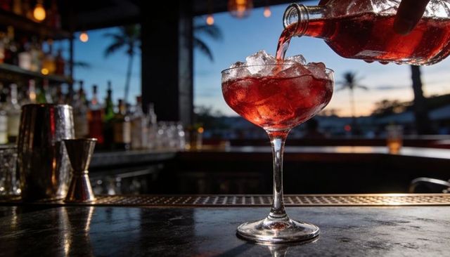 Sunset cocktail pour in coupe glass with ice at tropical bar, palm silhouettes