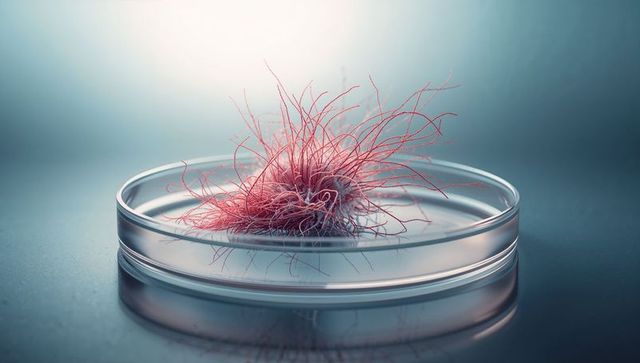 Backlit pink filament growth unfolding in petri dish on reflective lab surface minimal macro