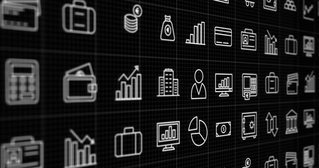 Vector set of business and technology icons displayed on black background, illustrating themes like data analysis, communication, financial operations, and digital interfaces. Useful for web design, app development, and financial services marketing.