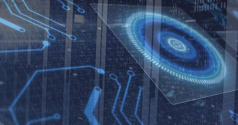 Holographic hud target hovering over neon circuit grid with binary streams for security
