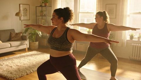 Plus-Size Women Practicing Warrior Pose Together in Sunlit Living Room Home Yoga Session