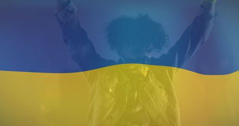 Protester with ukraine flag overlay representing unity and support