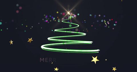 Digital Christmas Tree with Falling Stars on Dark Background