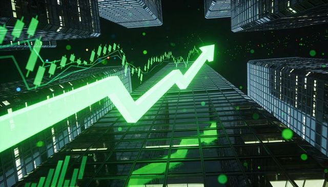 Neon green market arrow rising over futuristic skyscraper skyline, candlestick overlay