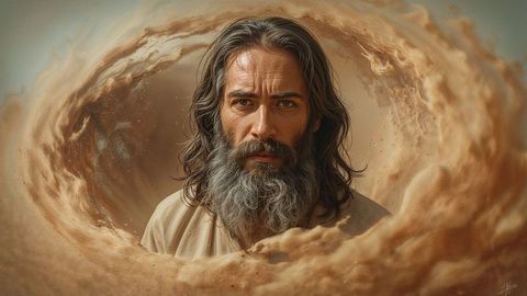 Bearded moses in desert vortex with swirling sand-turbulence