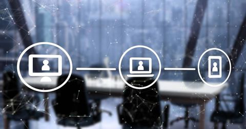 Digital Network Interface with Floating Icons in Modern Office