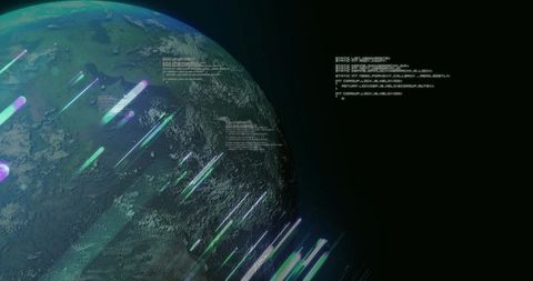 Glitchy Earthlike Planet Rotating with Neon Data Streaks and Floating Code Overlay