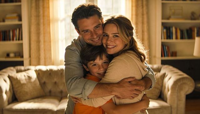 Hugging family of three in cozy living room embracing smiling son warm golden light