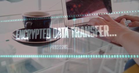 Typing hands at cafe with encrypted data transfer hologram and coffee on glass table