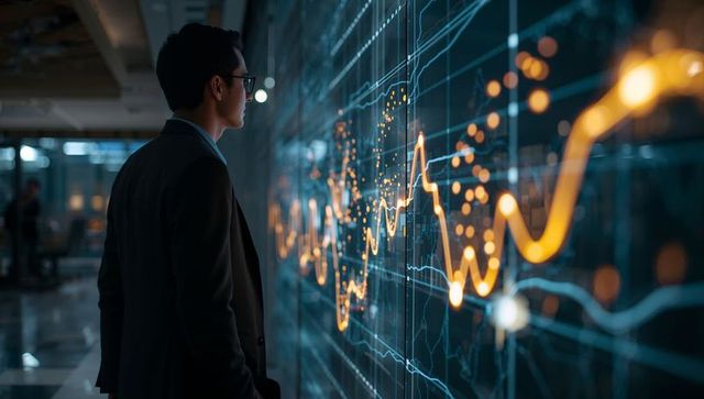 Business analyst studying glowing orange financial charts on wall-sized digital dashboard