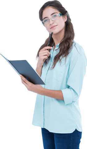 Transparent background portrait of thoughtful woman with notebook