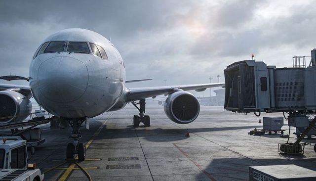 Widebody airliner docking at gate with ground crew preparing for departure