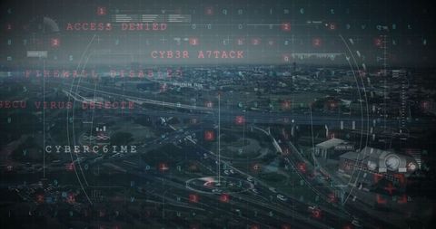 Hacker Code Overlay Cityscape Illustrating Cybersecurity Issues